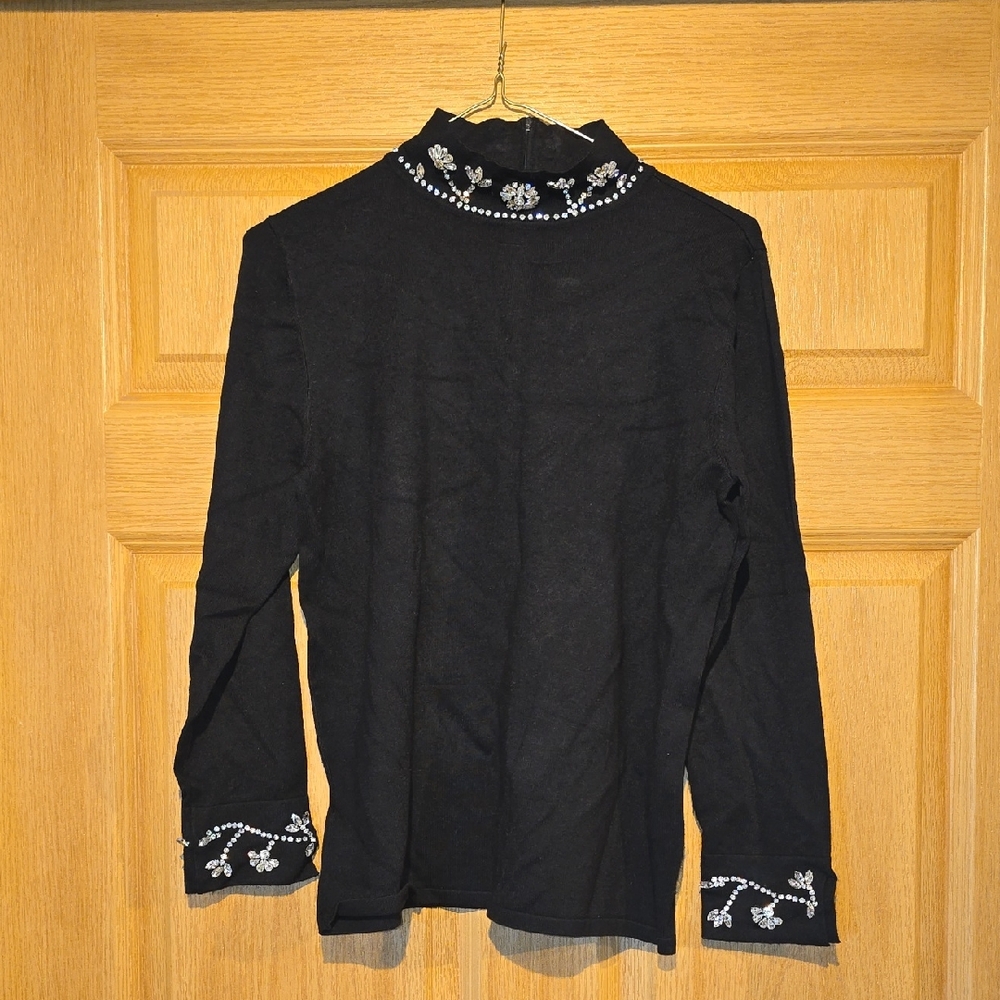 Anne Klein Black Turtleneck Sweater with Embellished Neck & Cuffs